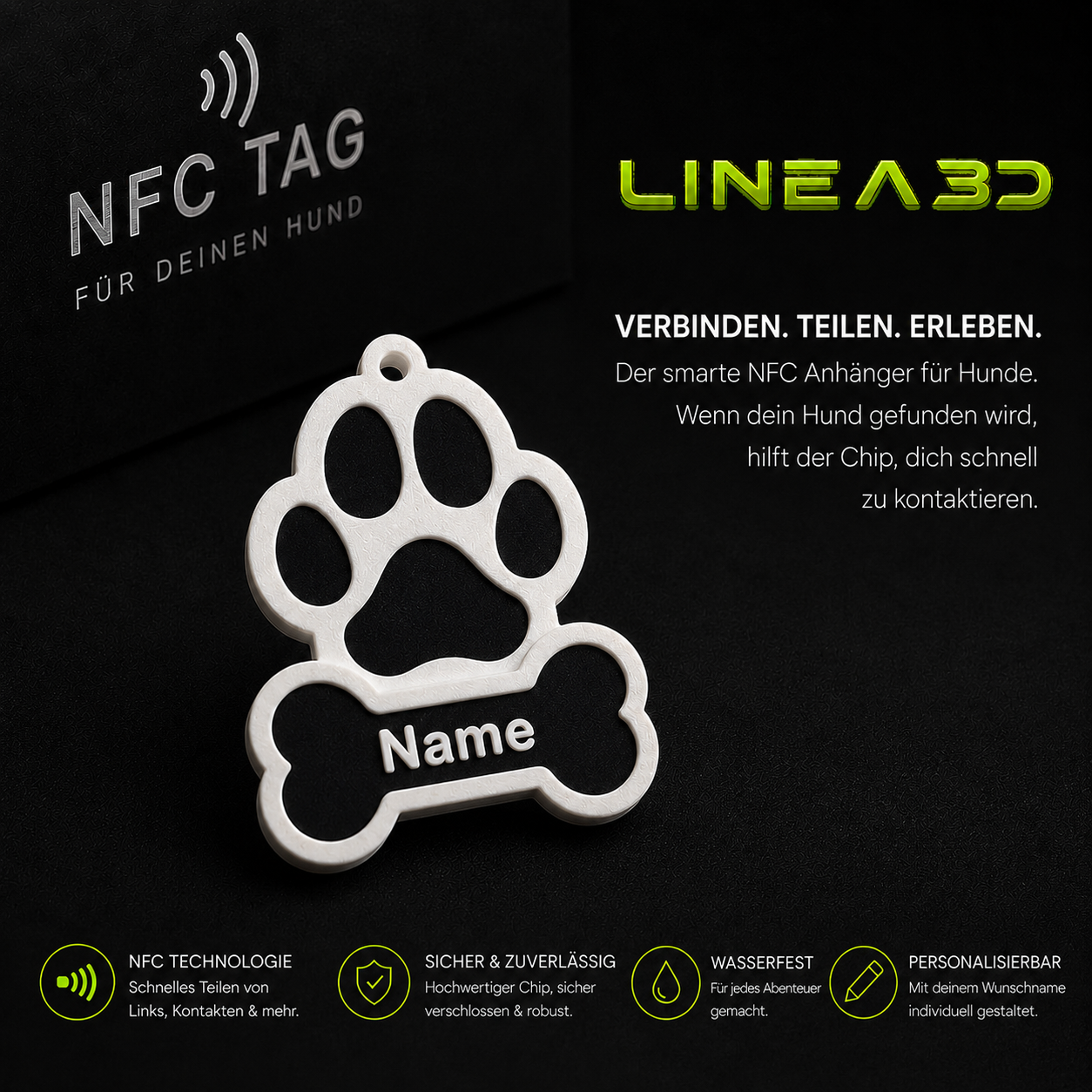 Hund NFC Anhänger für Halsband mit Name und Wunschfarbe
