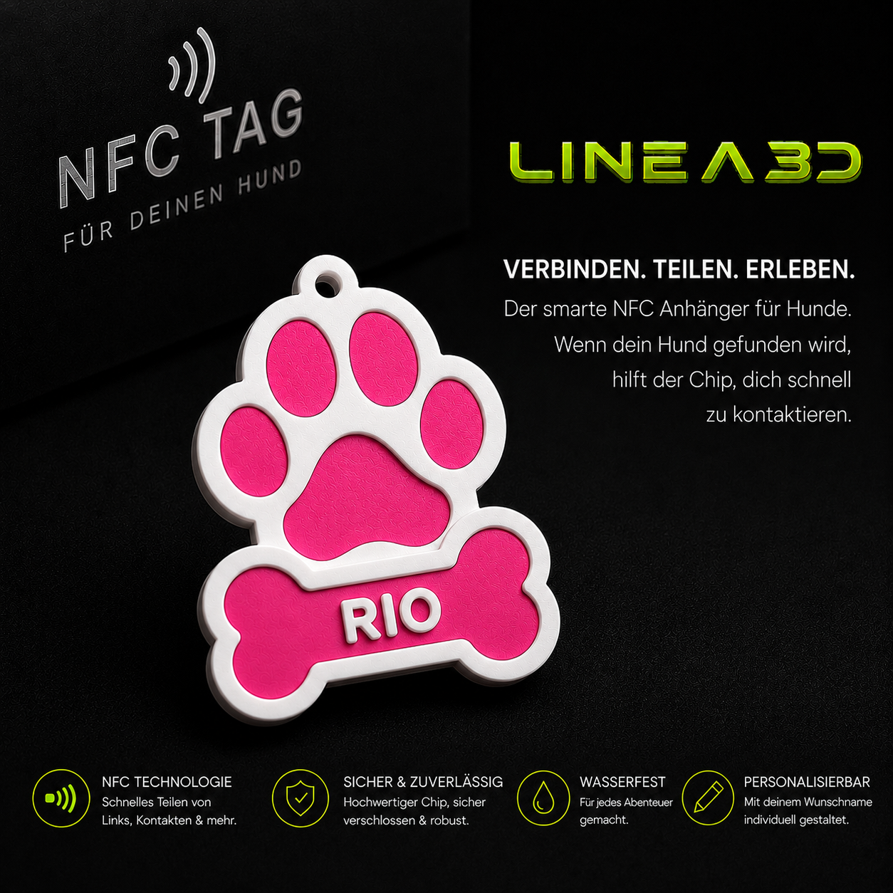 Hund NFC Anhänger für Halsband mit Name und Wunschfarbe