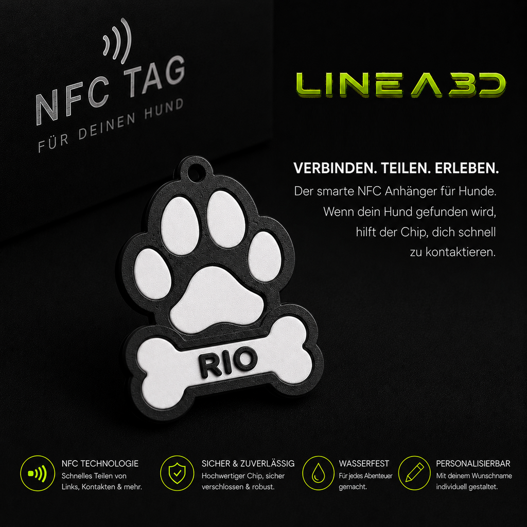 Hund NFC Anhänger für Halsband mit Name und Wunschfarbe