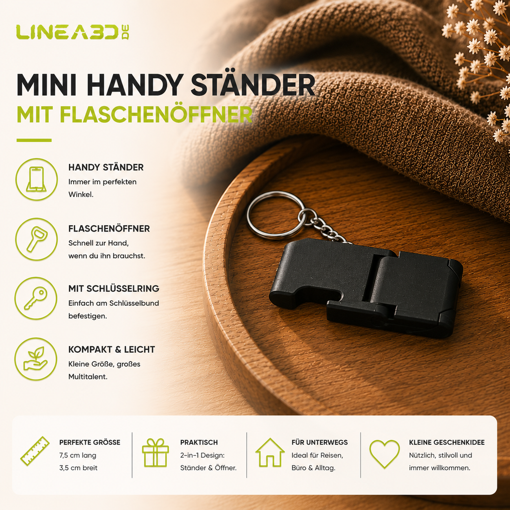 Mini Handy-Ständer mit Flaschenöffner - 2 in 1 Schlüsselanhänger
