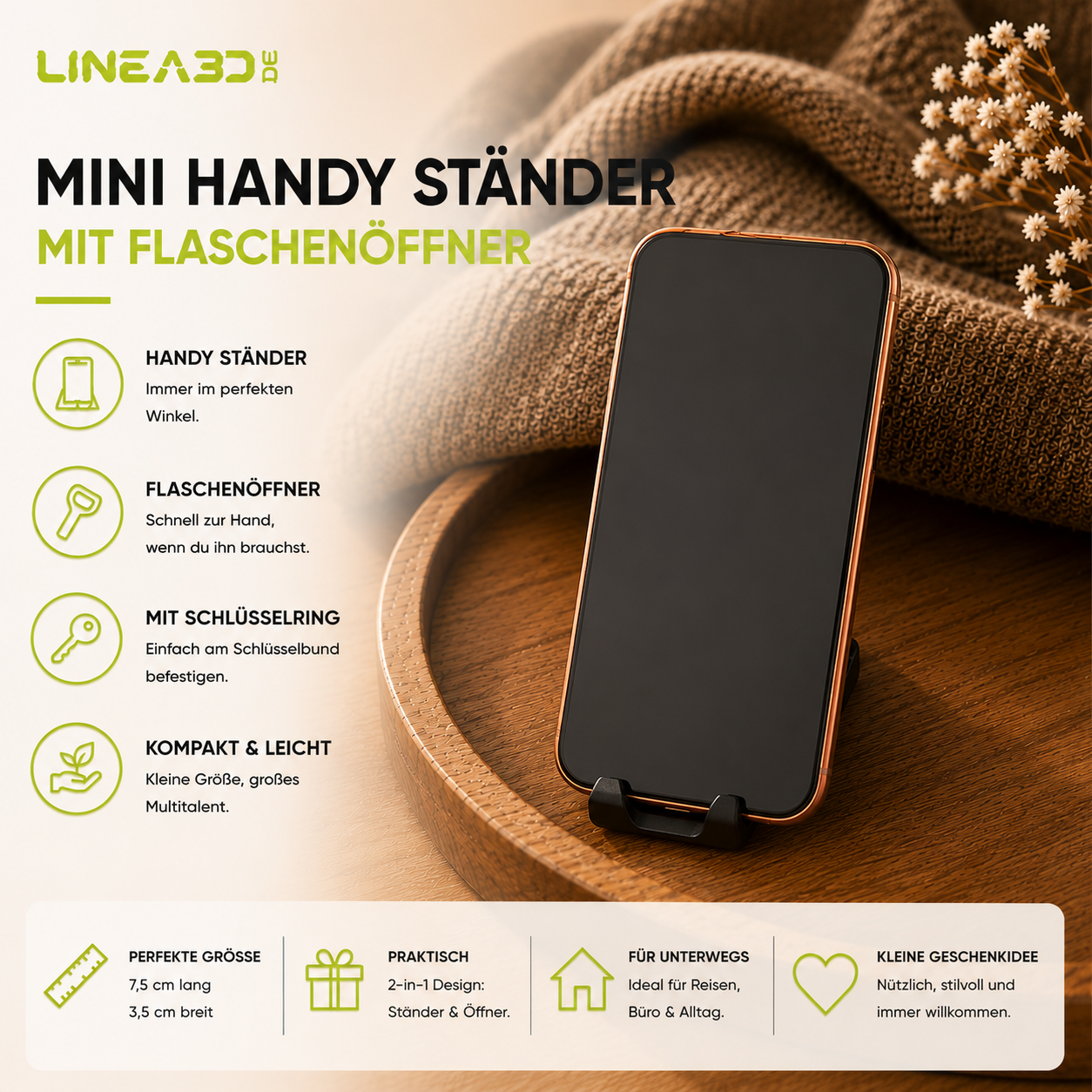 Mini Handy-Ständer mit Flaschenöffner - 2 in 1 Schlüsselanhänger