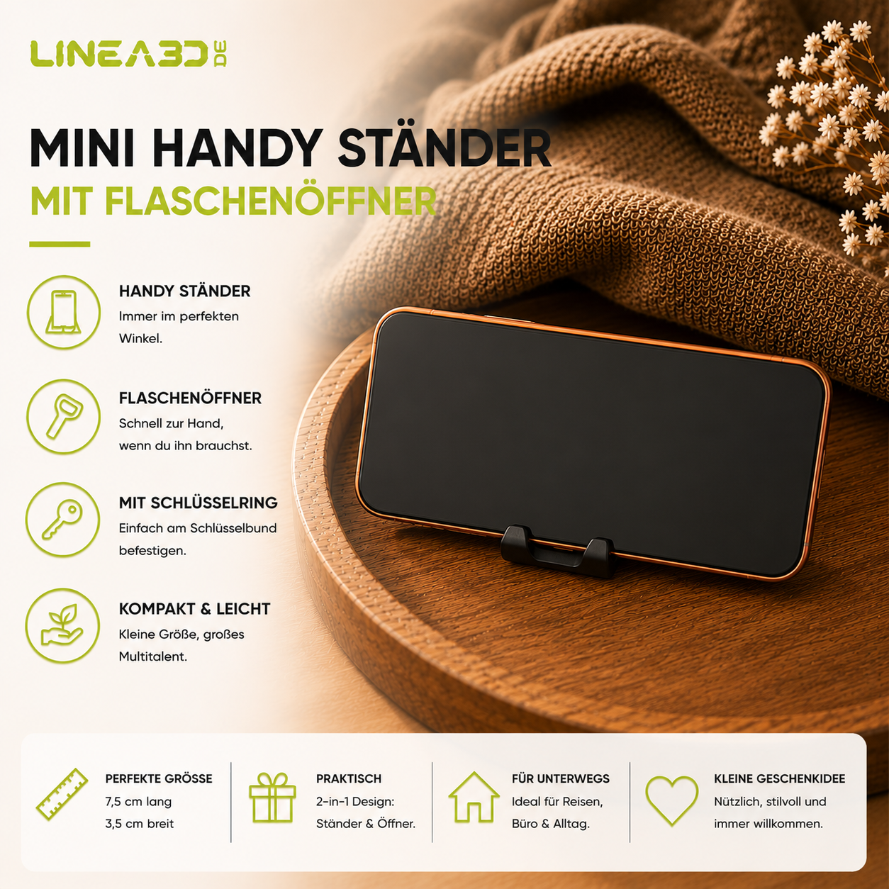 Mini Handy-Ständer mit Flaschenöffner - 2 in 1 Schlüsselanhänger