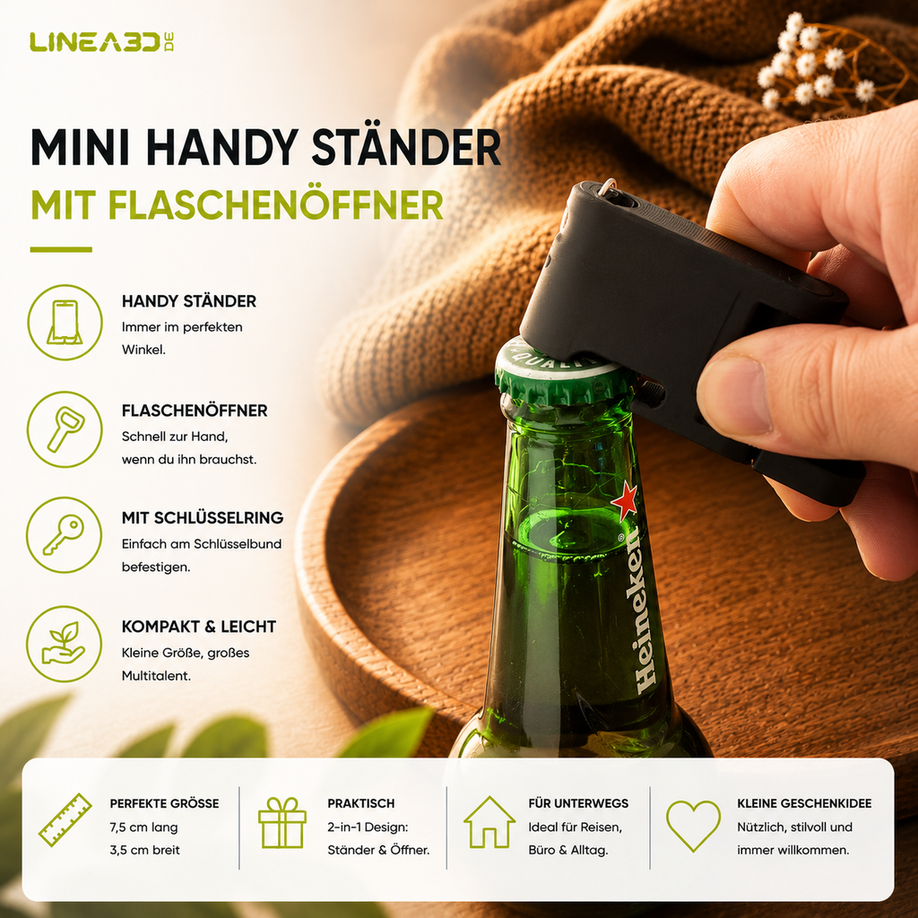 Mini Handy-Ständer mit Flaschenöffner - 2 in 1 Schlüsselanhänger
