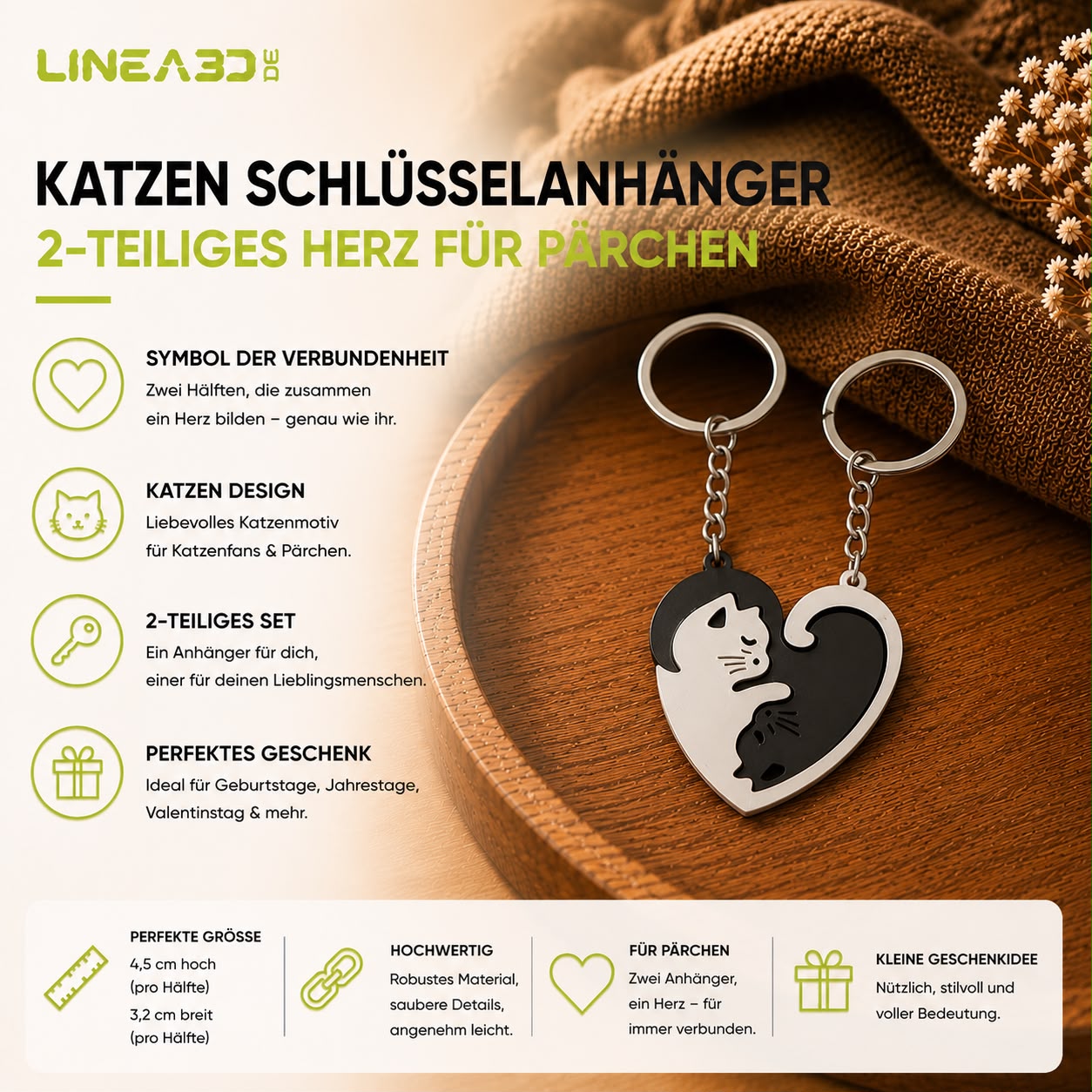 2-teiliger Katzen Herz Schlüsselanhänger
