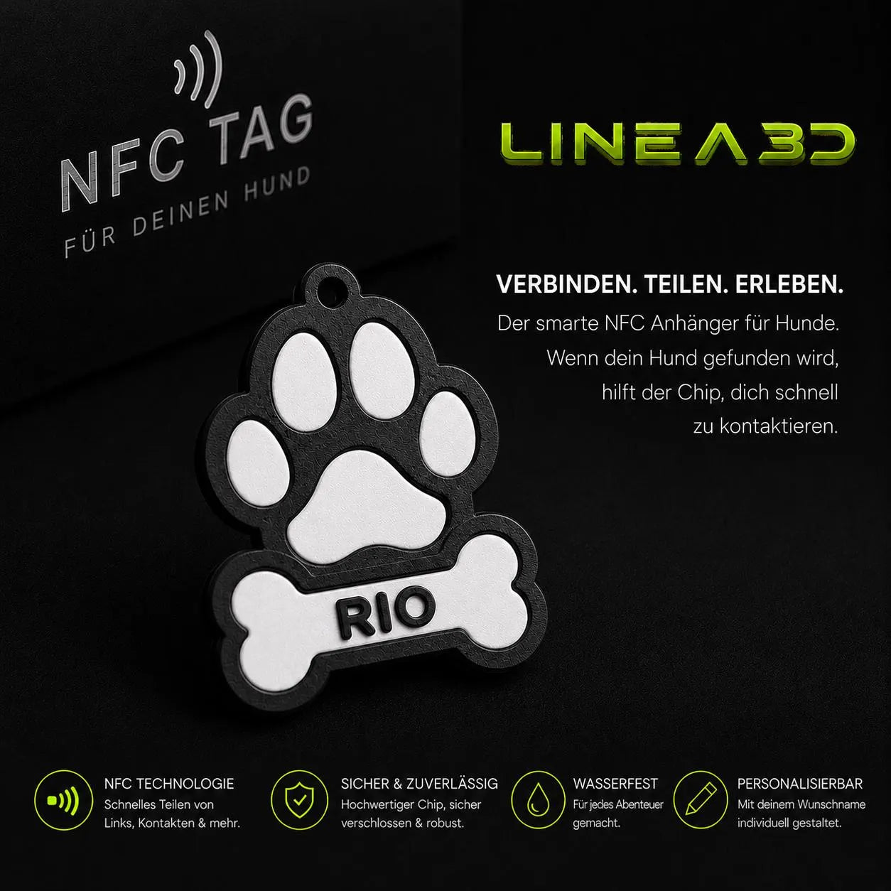 Hund NFC Anhänger für Halsband mit Name & Wunschfarbe