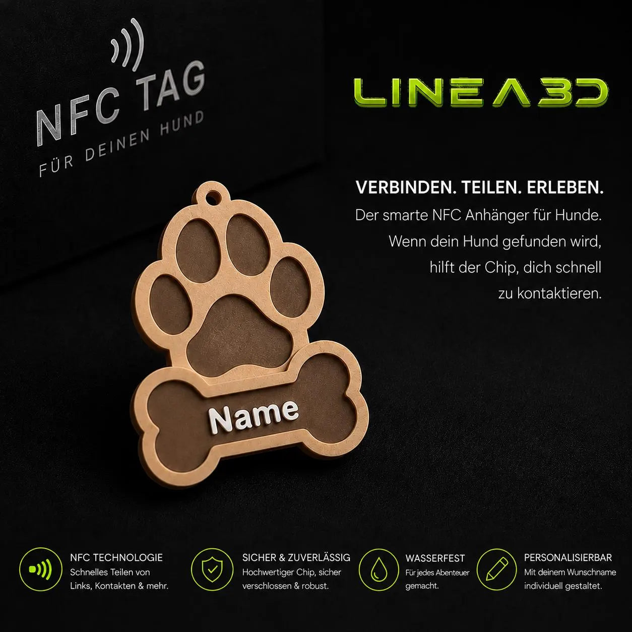 Hund NFC Anhänger für Halsband mit Name & Wunschfarbe